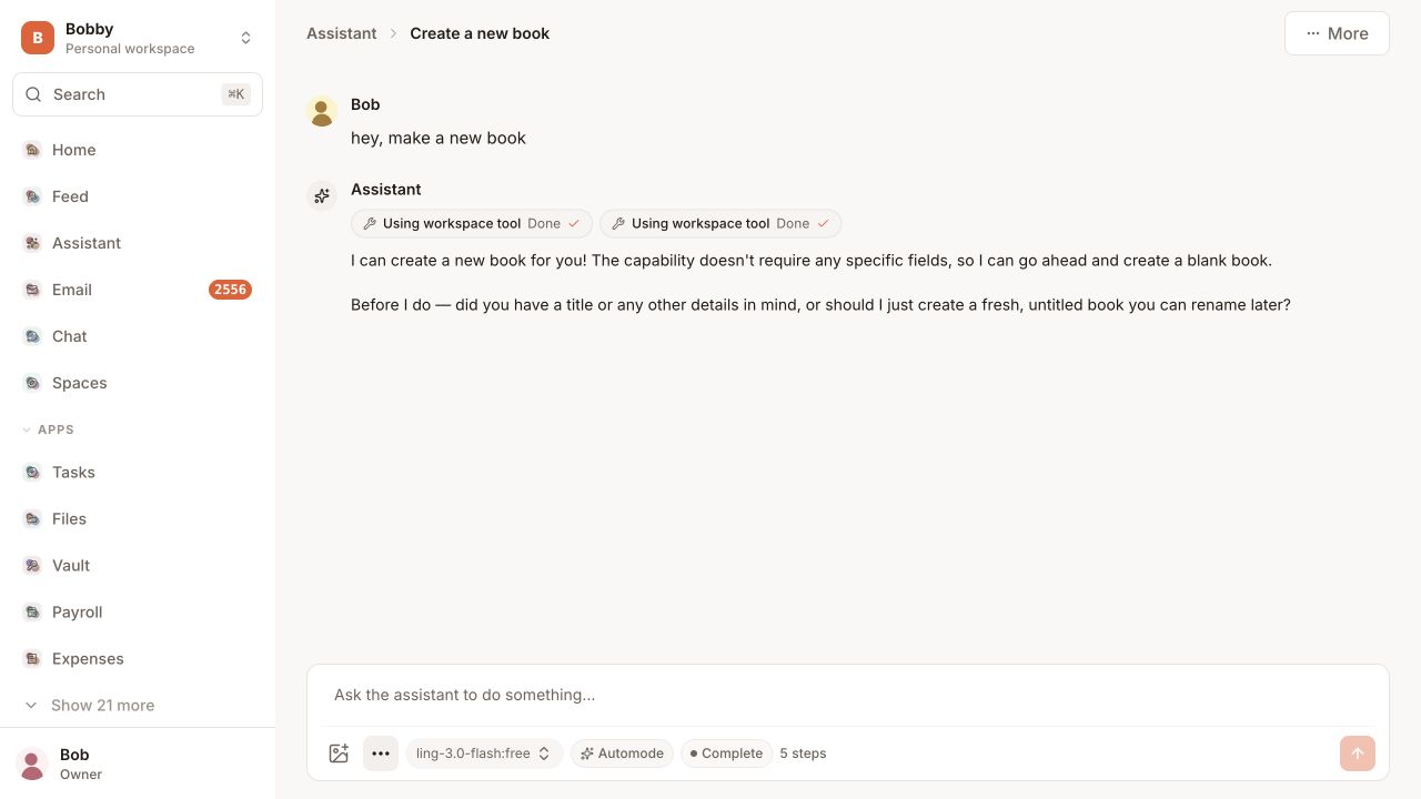 The real Creews Assistant completing a workspace task with visible tool steps