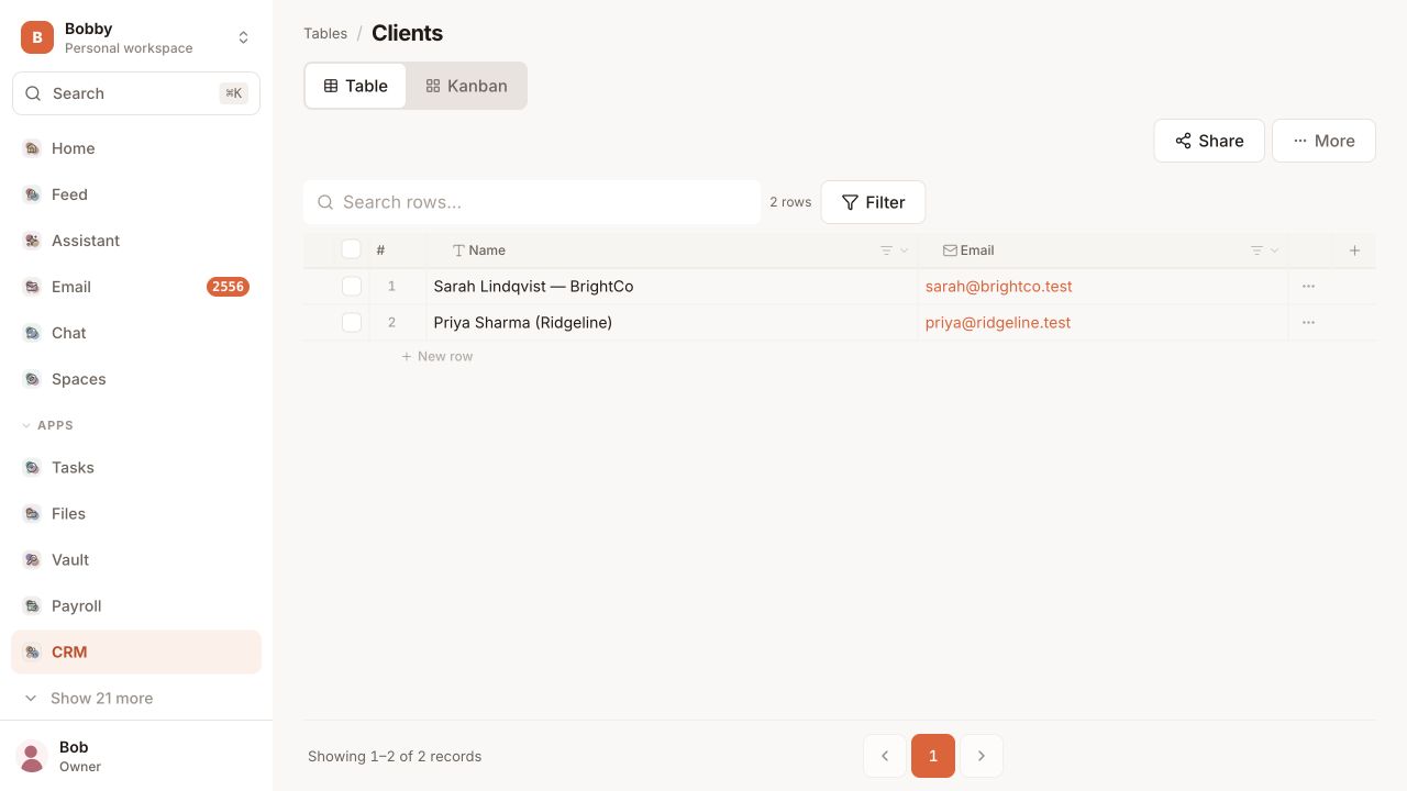 The real Creews CRM showing a customer table