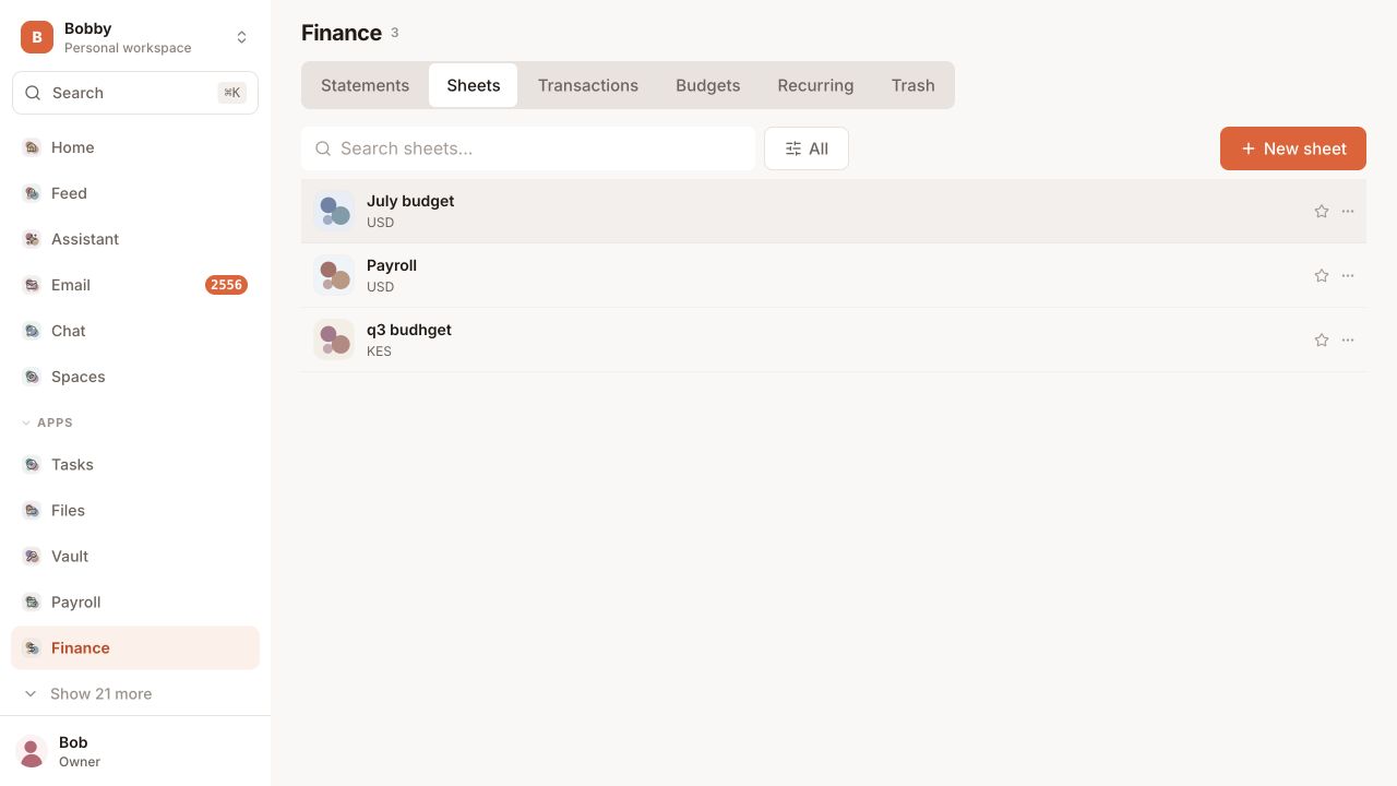 The real Creews Finance workspace showing company sheets
