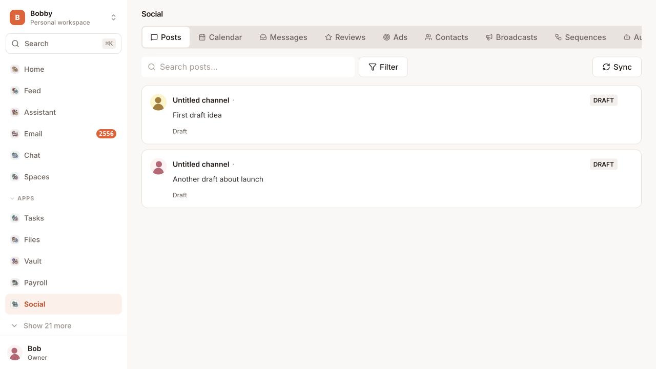 The real Creews Social workspace showing draft posts