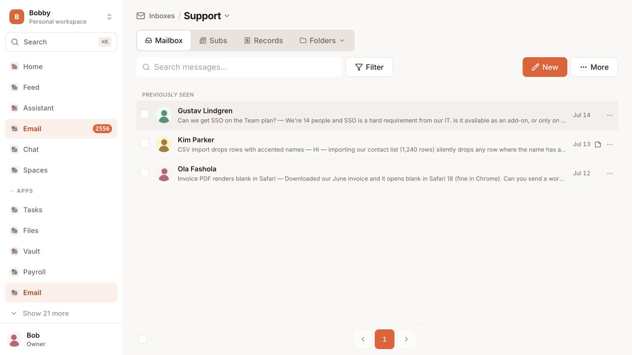 The real Creews Support inbox showing customer conversations